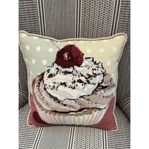 Vtg Wool Needlepoint Cupcake Pillow 15” Square Velvet Back - Picture 5 of 5